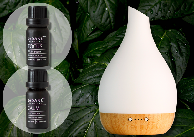 This beautiful handblown glass diffuser complete with bamboo base is the perfect home office companion - this particular set comes with two of our signature deDANÚ blends, Focus & Calm to support you  through improving your space throughout the workday!